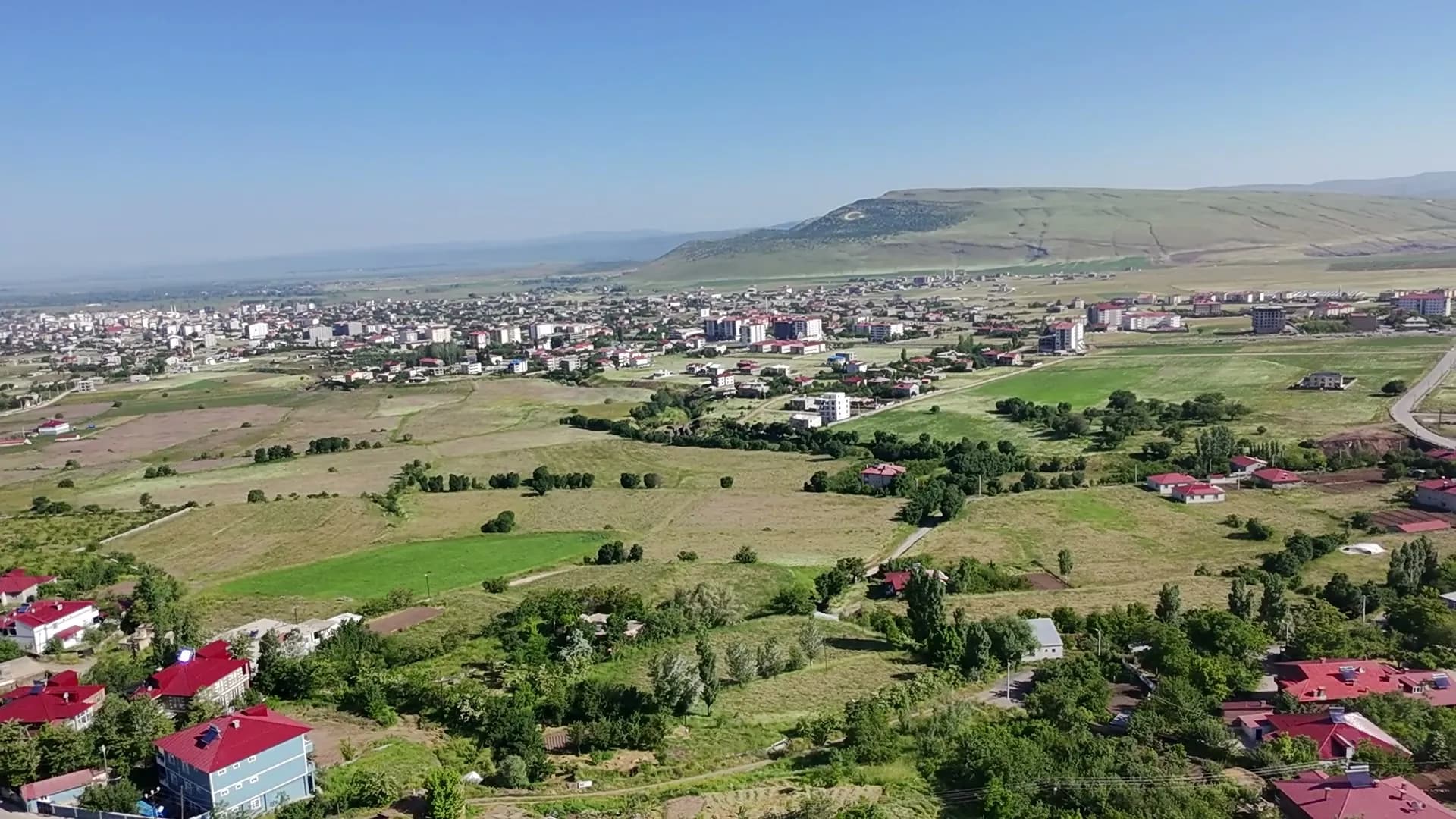 Köy ve yeşil tarlalar, havadan
