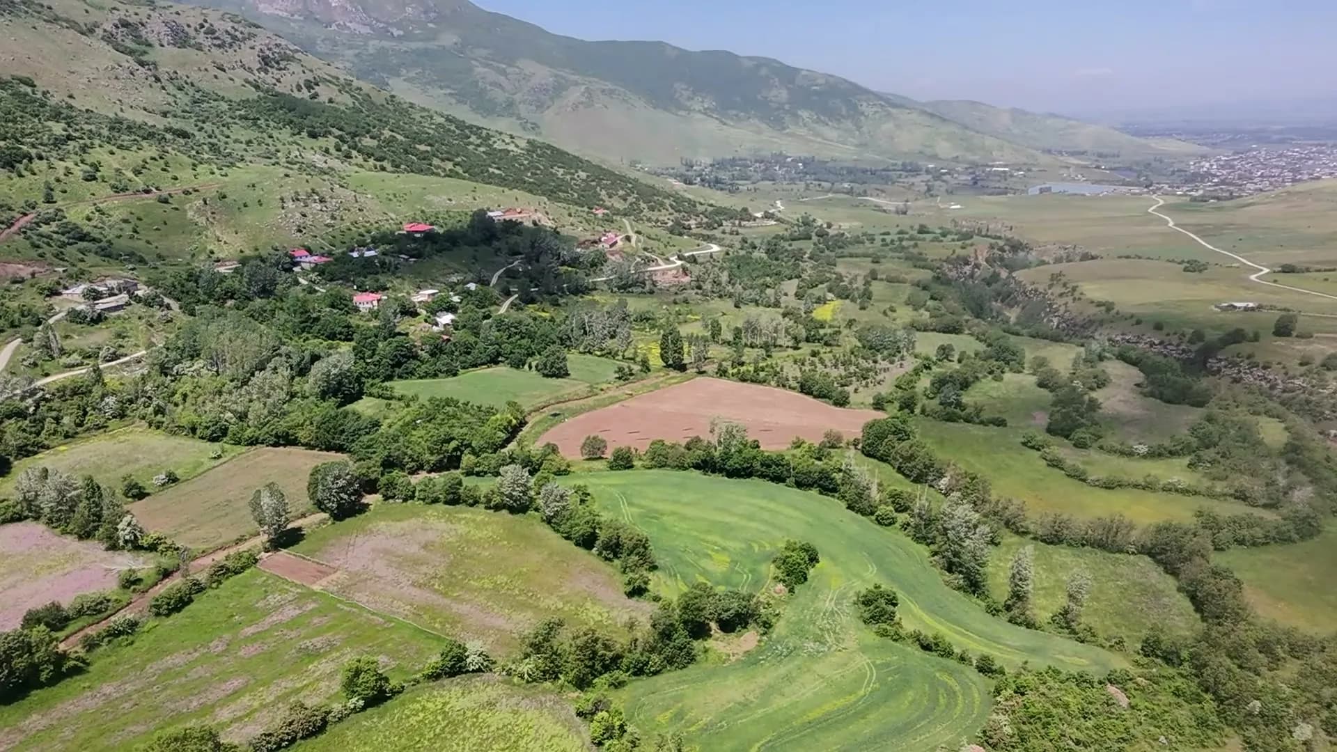Yeşil vadi ve tarlalar, havadan